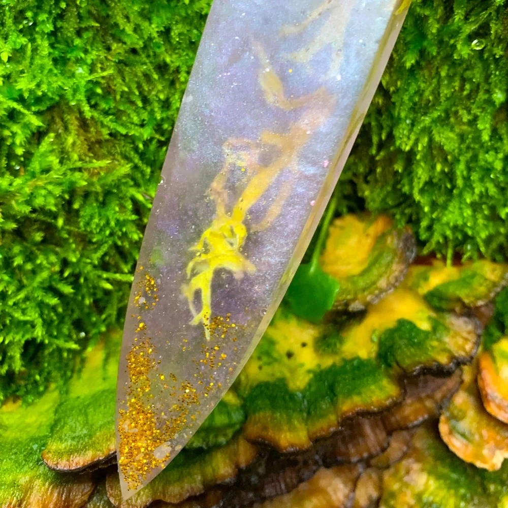 Pink clover and lichen resin dagger wall hanging